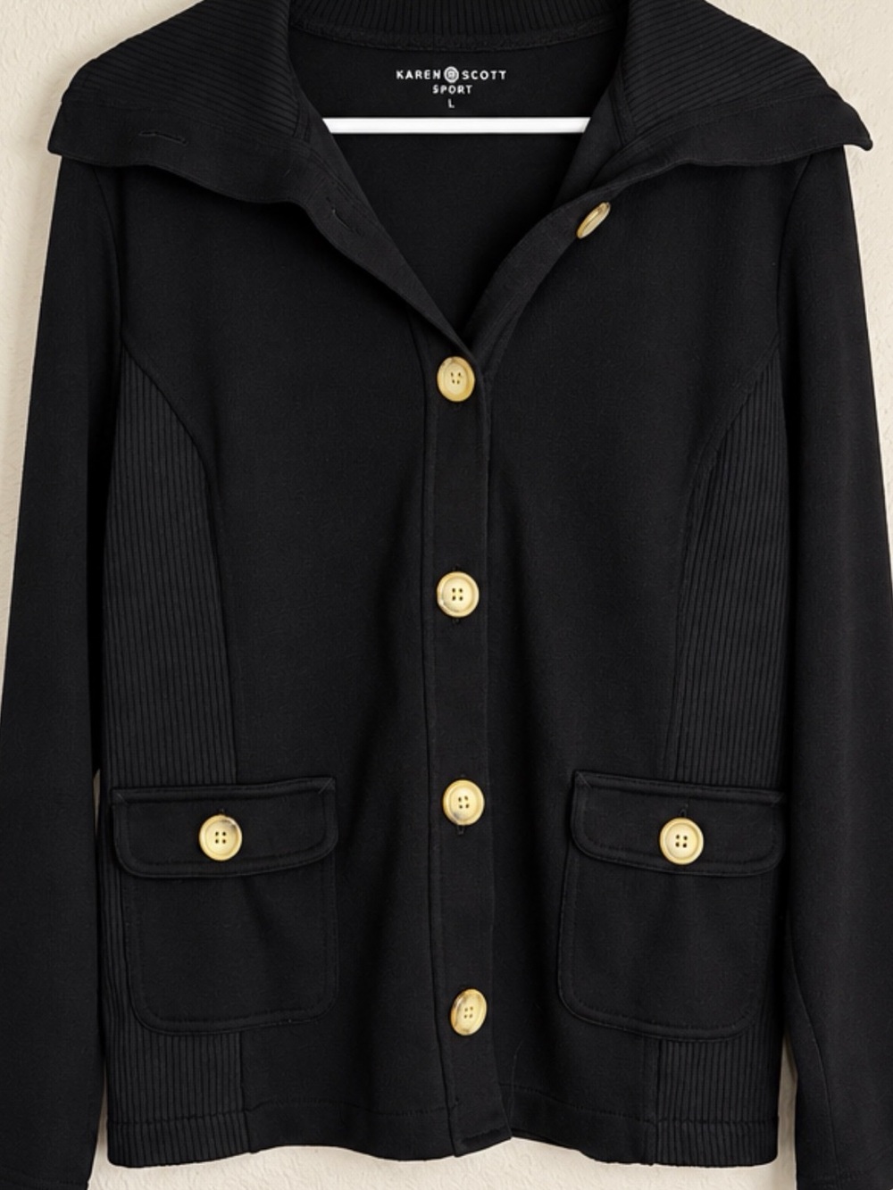 Karen Scott Sport Black Ribbed Button Front Cardigan Sweater Women’s Large
